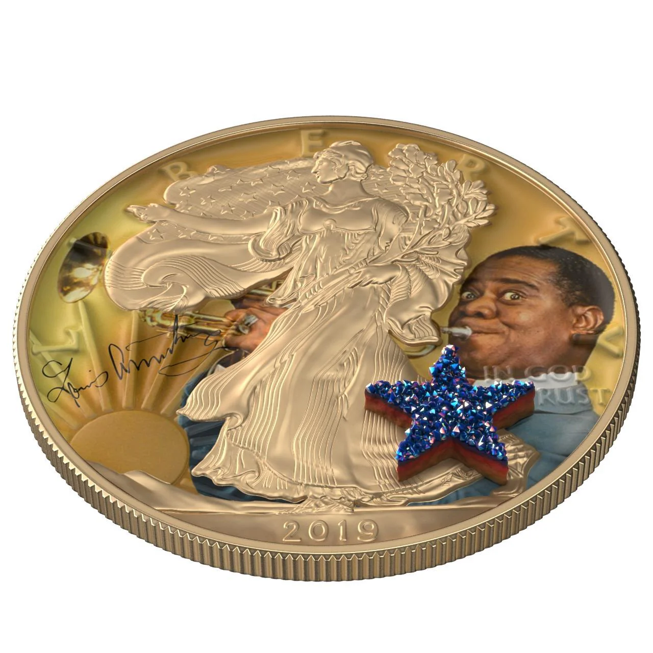 2019　アメリカンイーグル　リバティ　ルイアームストロング　天然石　銀貨